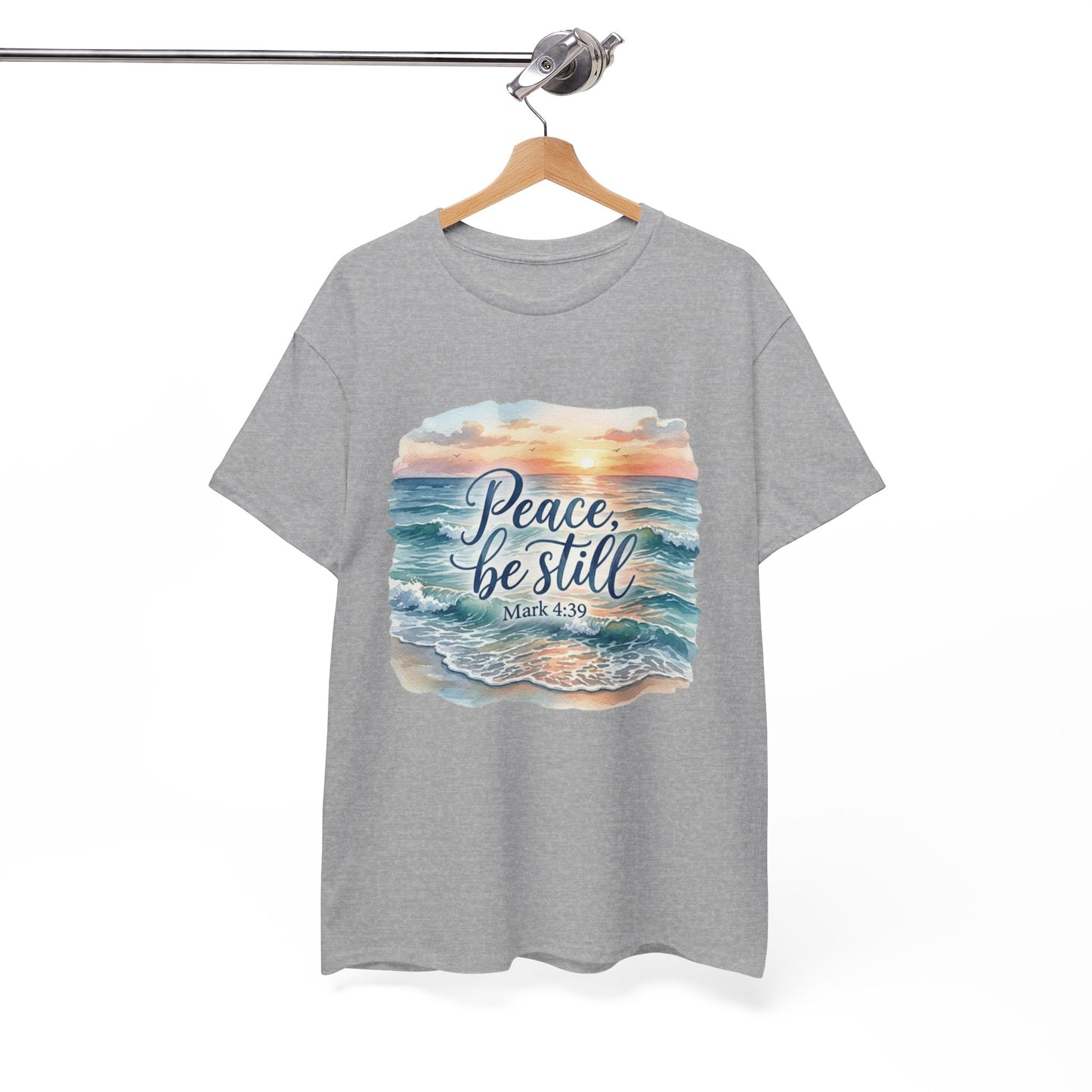 Peace Be Still T-Shirt — Beach Sunset Scripture Tee (Mark 4:39)