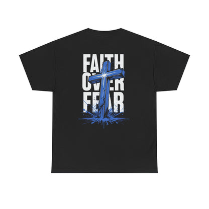 Faith Over Fear T-Shirt — BLUE Christian Cross Inspirational Tee