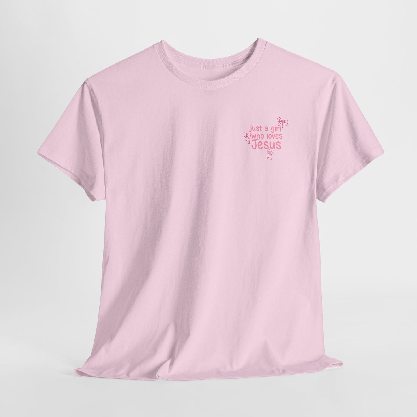 T-Shirt — "Just a Girl Who Loves Jesus" Pink Bow Christian Tee