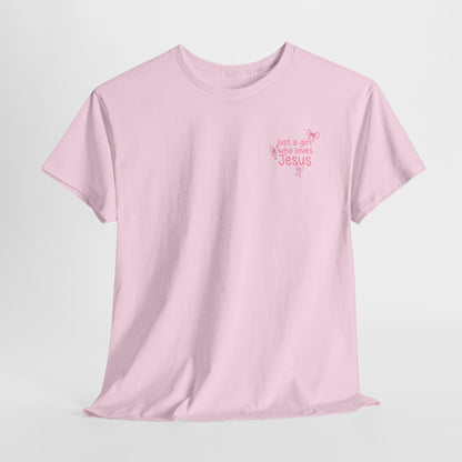 T-Shirt — "Just a Girl Who Loves Jesus" Pink Bow Christian Tee