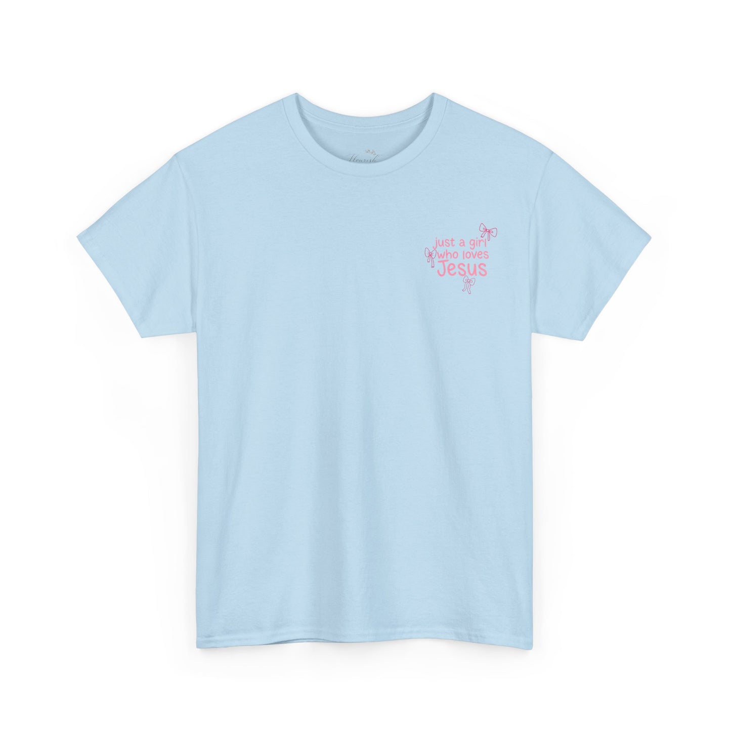 T-Shirt — "Just a Girl Who Loves Jesus" Pink Bow Christian Tee