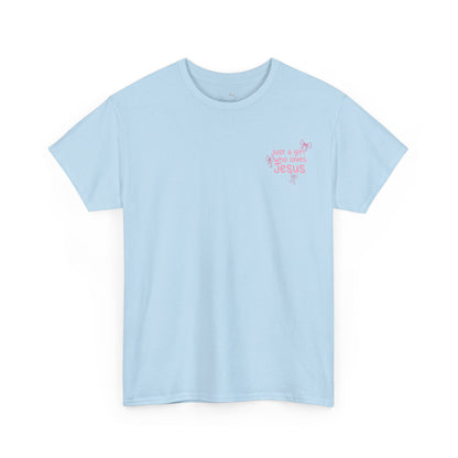 T-Shirt — "Just a Girl Who Loves Jesus" Pink Bow Christian Tee