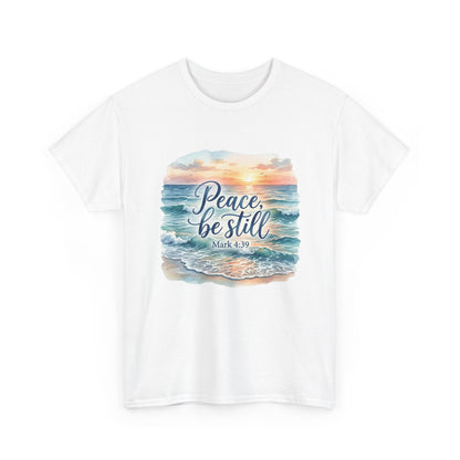 Peace Be Still T-Shirt — Beach Sunset Scripture Tee (Mark 4:39)