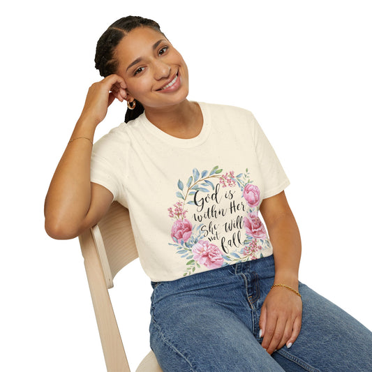 Floral Faith T-Shirt — "God Is Within Her She Will Not Fall" Inspirational Christian Tee