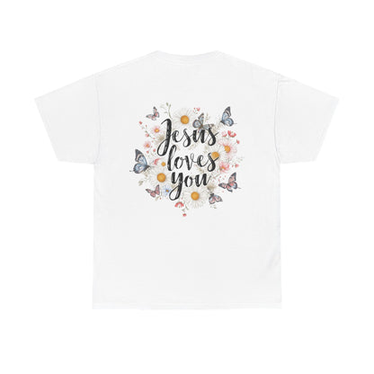 Christian T-Shirt — “Jesus Loves You” Floral Butterfly Tee