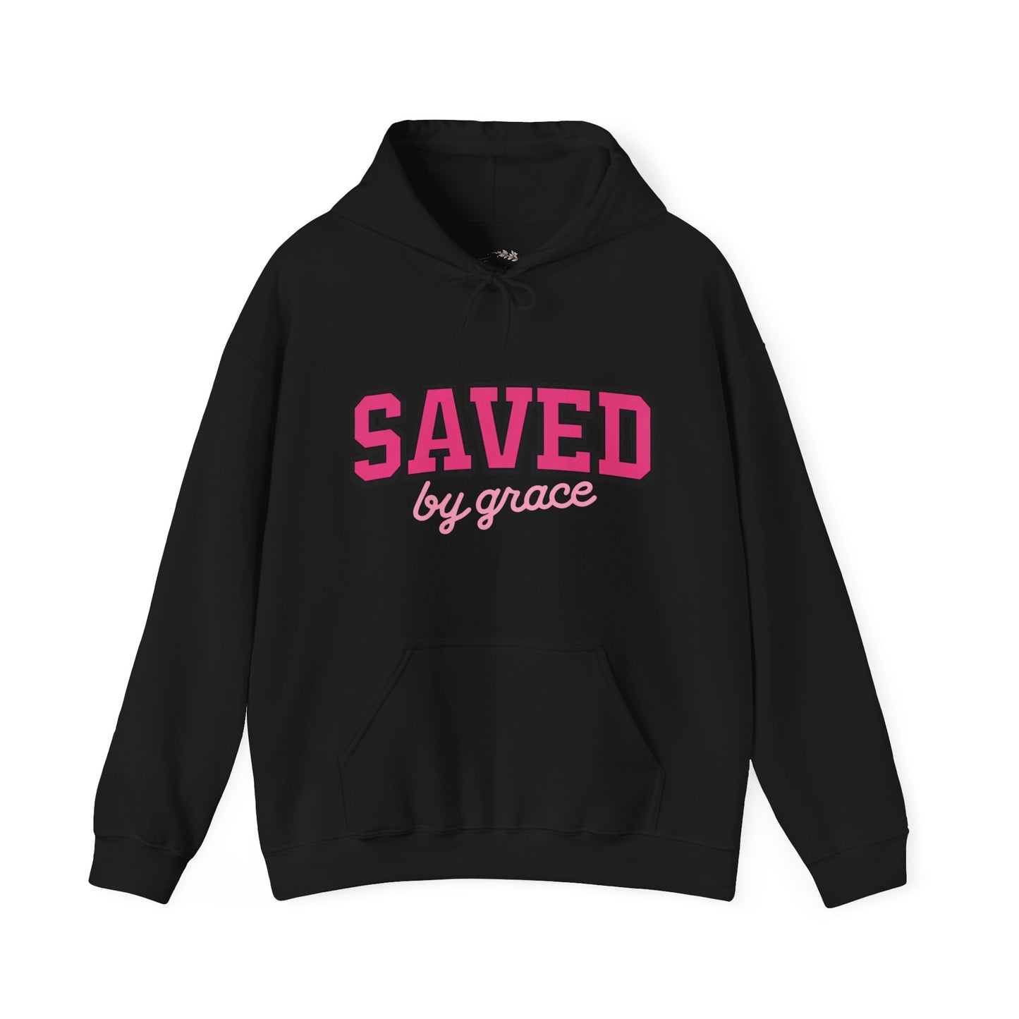 Saved by Grace Hoodie — Christian Faith Pullover in Pink Collegiate Script