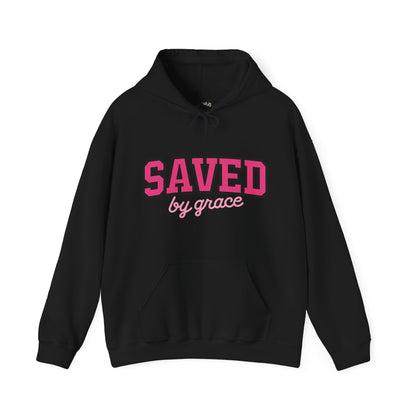 Saved by Grace Hoodie — Christian Faith Pullover in Pink Collegiate Script
