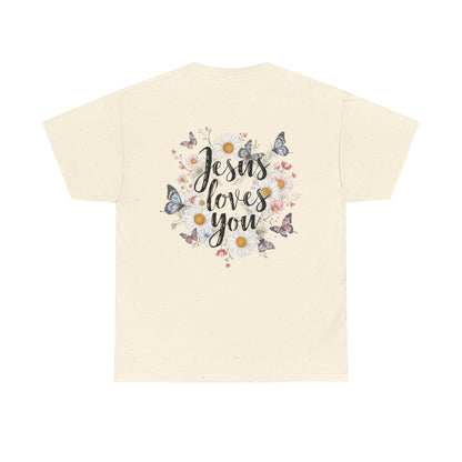 Christian T-Shirt — “Jesus Loves You” Floral Butterfly Tee