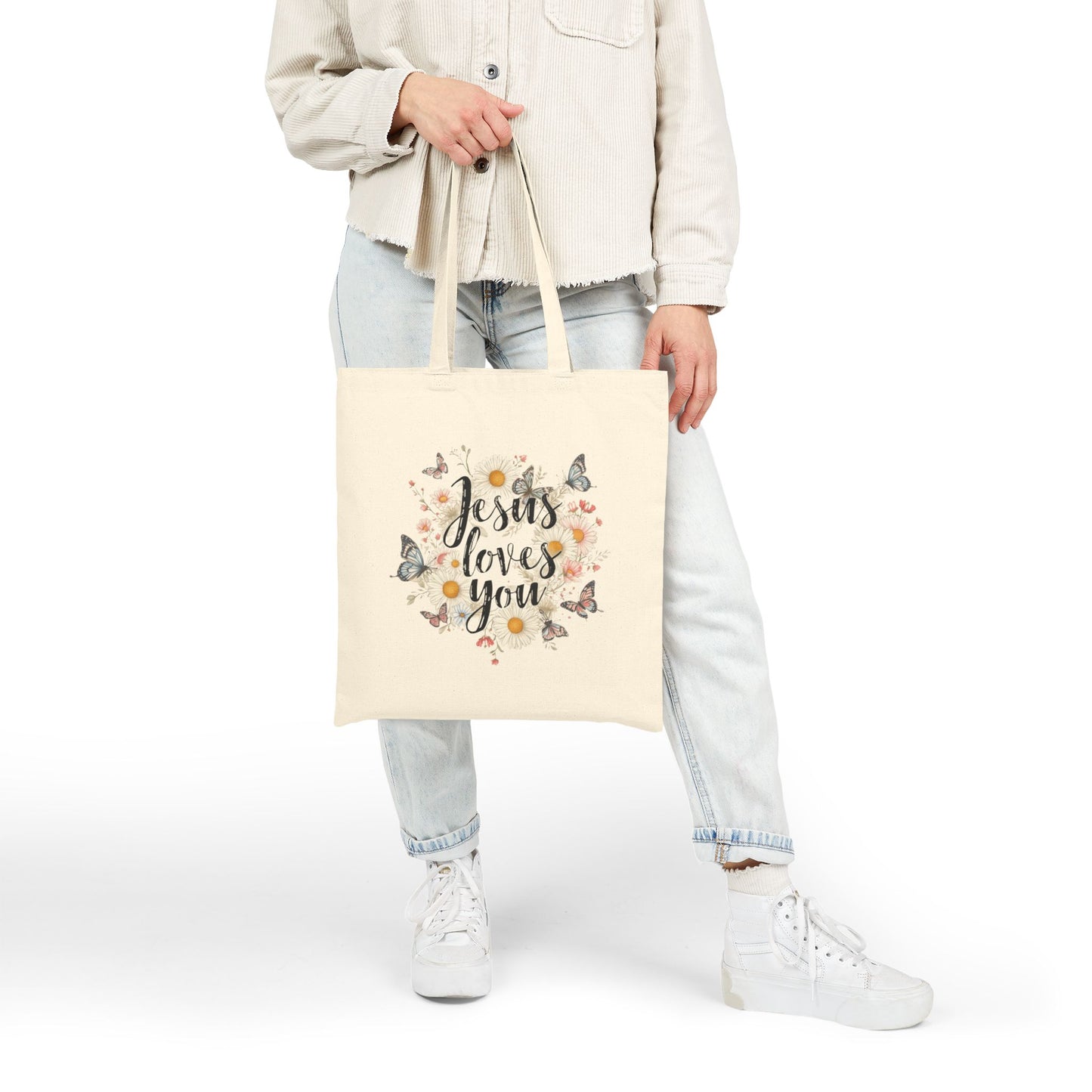 Jesus Loves You Floral Canvas Tote Bag — Christian Inspirational Everyday Bag
