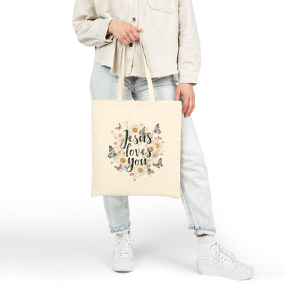 Jesus Loves You Floral Canvas Tote Bag — Christian Inspirational Everyday Bag