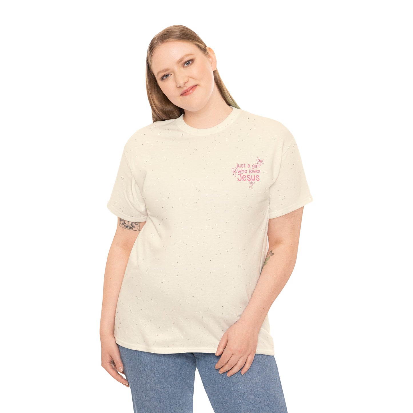 T-Shirt — "Just a Girl Who Loves Jesus" Pink Bow Christian Tee