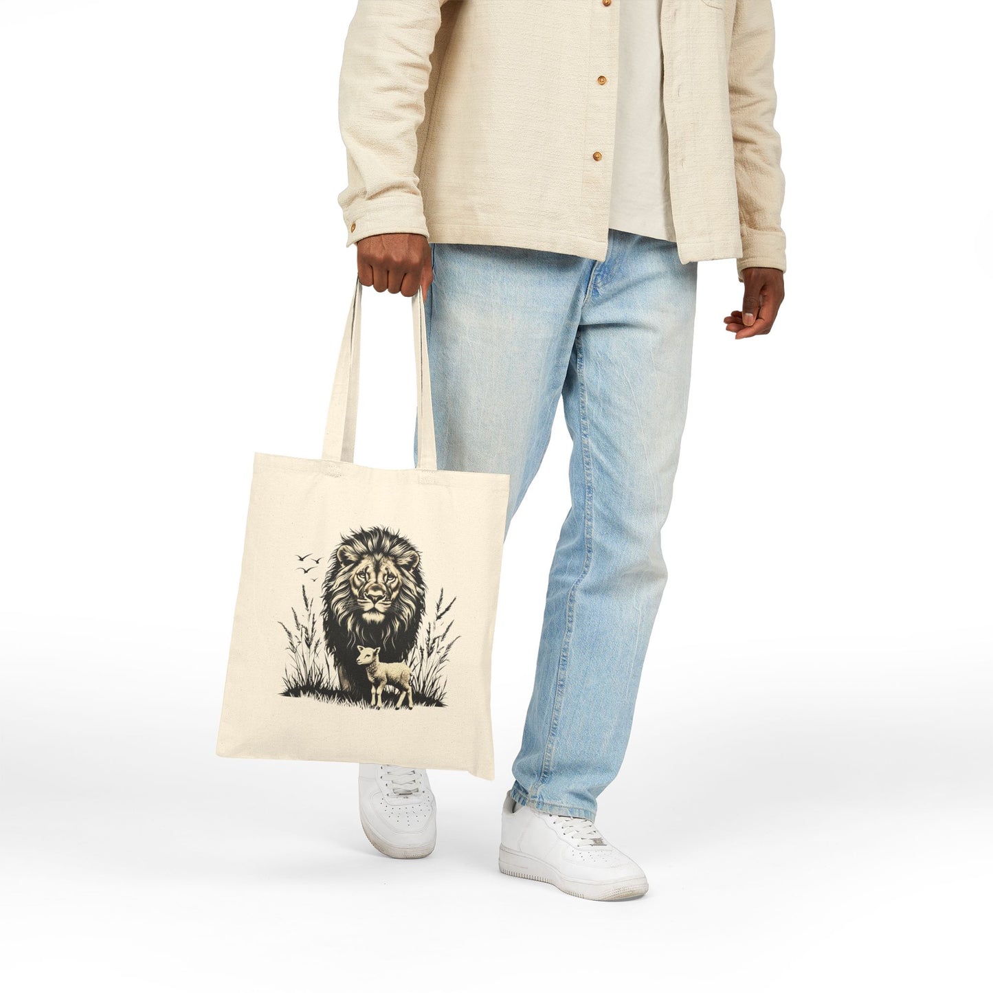 Lion and Lamb Canvas Tote Bag — Strength & Peace Eco-Friendly Tote