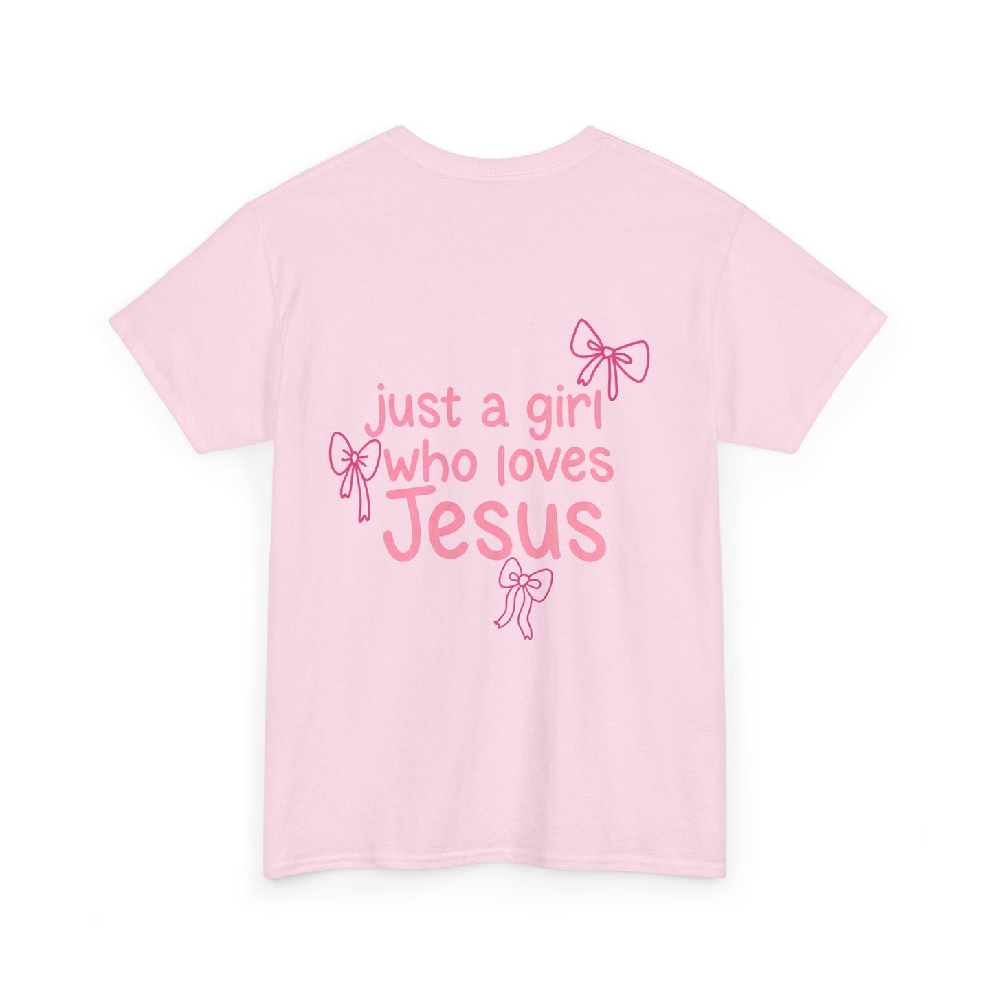 T-Shirt — "Just a Girl Who Loves Jesus" Pink Bow Christian Tee