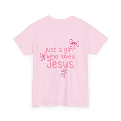 T-Shirt — "Just a Girl Who Loves Jesus" Pink Bow Christian Tee