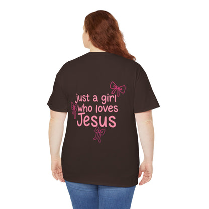 T-Shirt — "Just a Girl Who Loves Jesus" Pink Bow Christian Tee