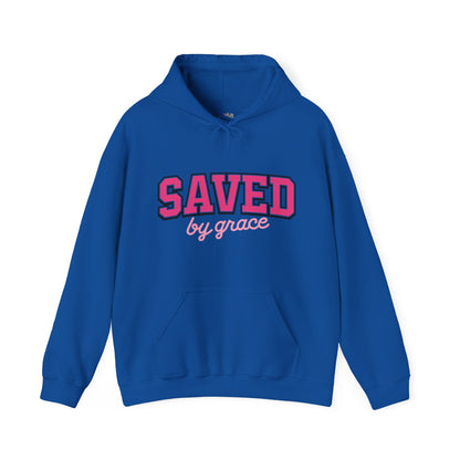 Saved by Grace Hoodie — Christian Faith Pullover in Pink Collegiate Script