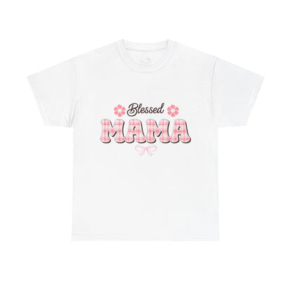 Blessed Mama Tee — Pink Plaid Mom Shirt