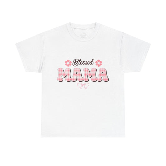 Blessed Mama Tee — Pink Plaid Mom Shirt