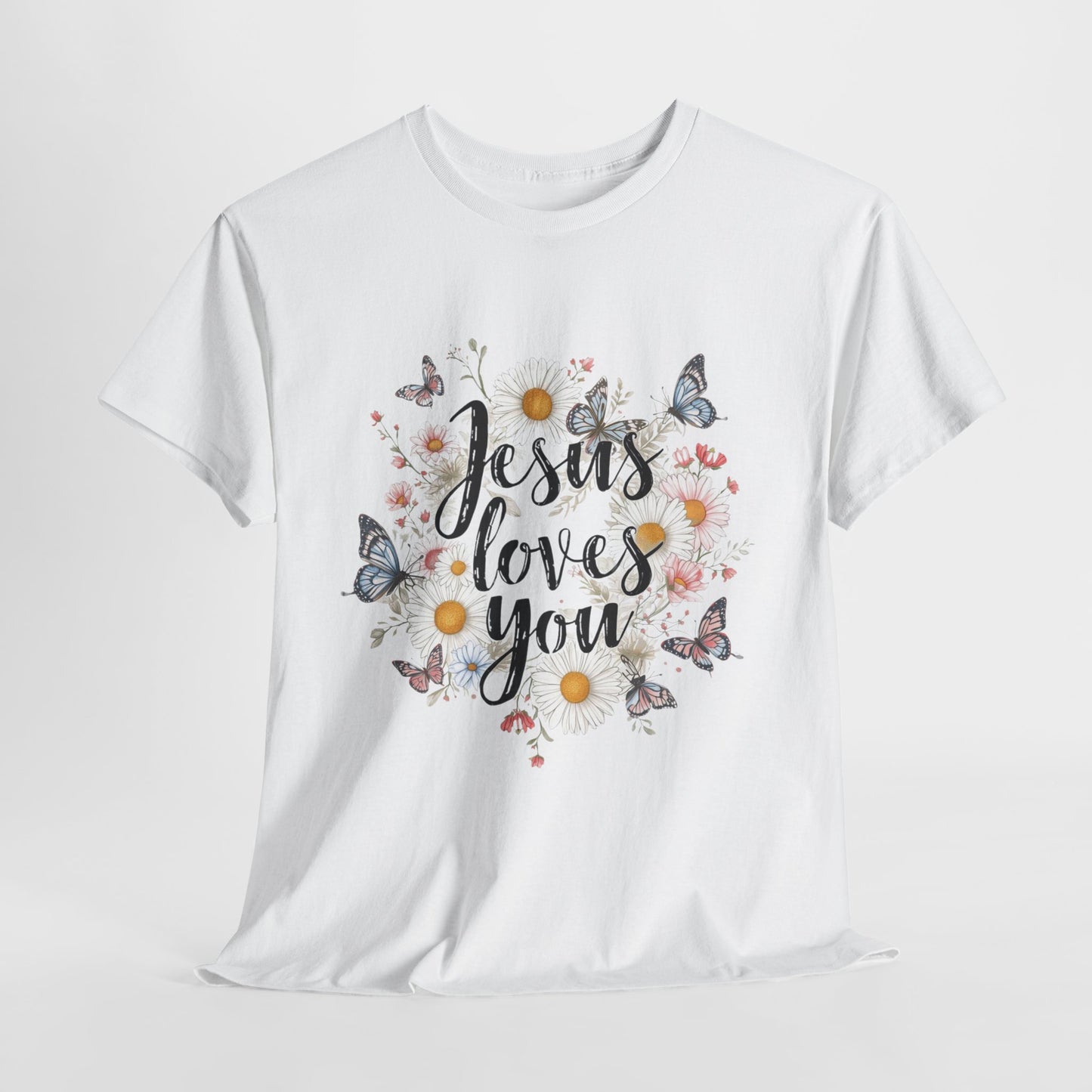 Christian T-Shirt — “Jesus Loves You” Floral Butterfly Tee