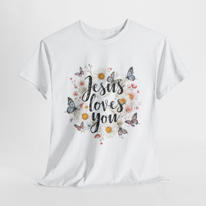 Christian T-Shirt — “Jesus Loves You” Floral Butterfly Tee