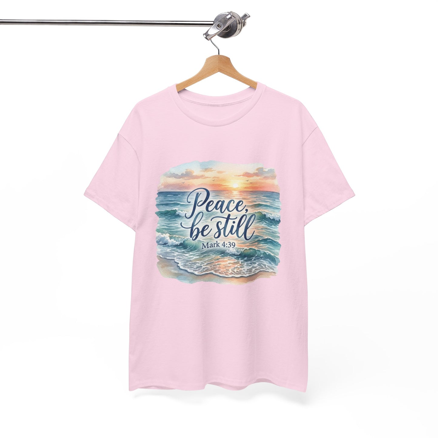 Peace Be Still T-Shirt — Beach Sunset Scripture Tee (Mark 4:39)