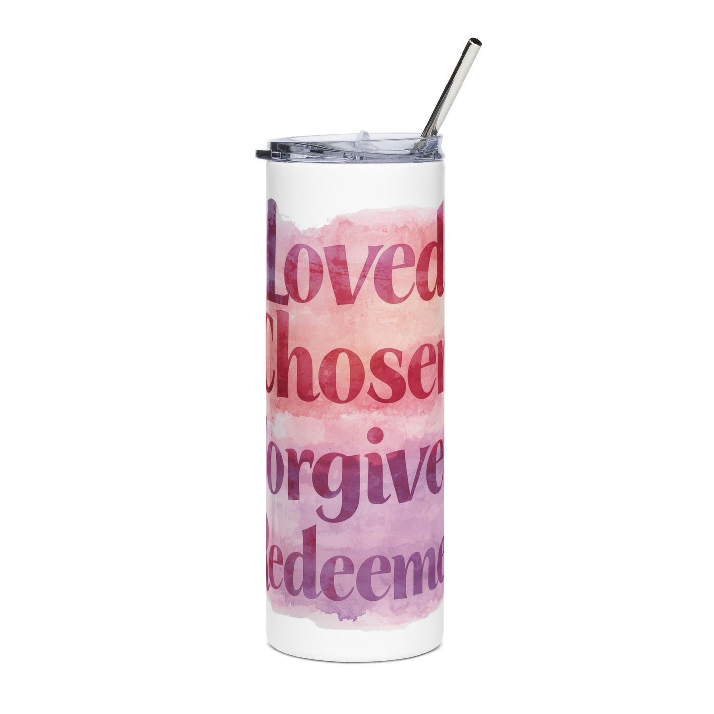 20oz Stainless Steel Tumbler - Watercolor "Loved Chosen Forgiven Redeemed"
