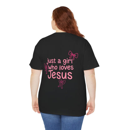 T-Shirt — "Just a Girl Who Loves Jesus" Pink Bow Christian Tee