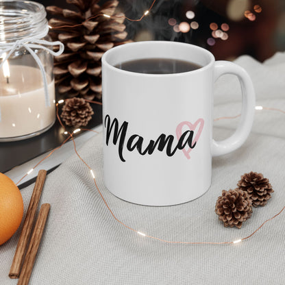 Mama Coffee Mug – Pink Heart Script Ceramic Mug (11oz & 15oz)