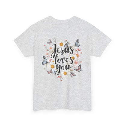 Christian T-Shirt — “Jesus Loves You” Floral Butterfly Tee