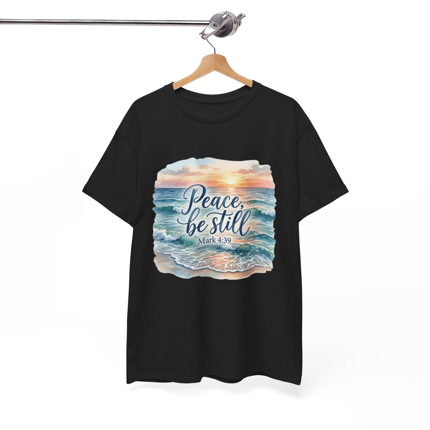 Peace Be Still T-Shirt — Beach Sunset Scripture Tee (Mark 4:39)