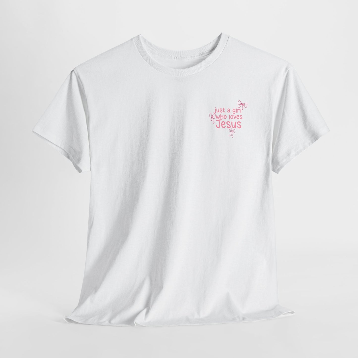 T-Shirt — "Just a Girl Who Loves Jesus" Pink Bow Christian Tee