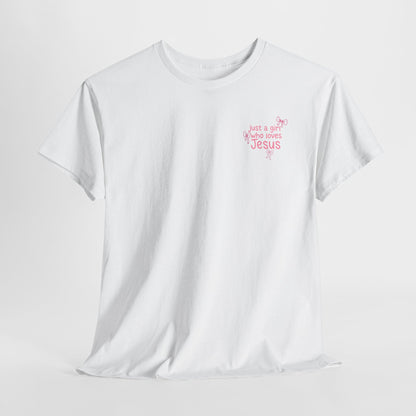 T-Shirt — "Just a Girl Who Loves Jesus" Pink Bow Christian Tee