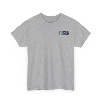 BLUE Risen Jesus Tee — Christian Easter Shirt with Crown of Thorns Design