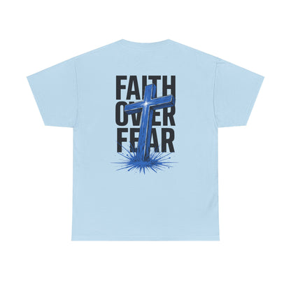 Faith Over Fear T-Shirt — BLUE Christian Cross Inspirational Tee