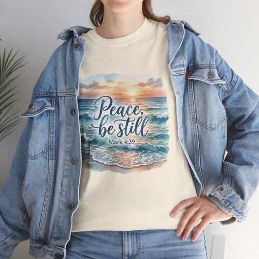 Peace Be Still T-Shirt — Beach Sunset Scripture Tee (Mark 4:39)