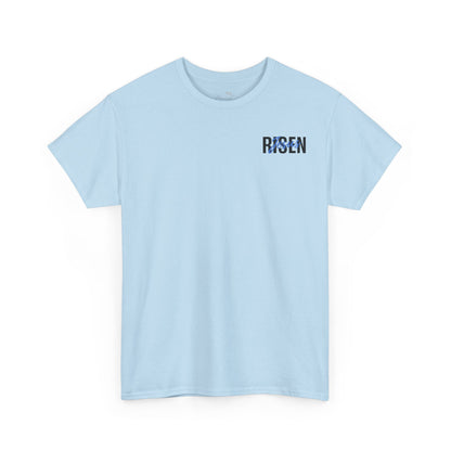 BLUE Risen Jesus Tee — Christian Easter Shirt with Crown of Thorns Design