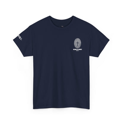 Belong to Christ T-Shirt — Christian Cross Fingerprint Tee (Isaiah 43:1)