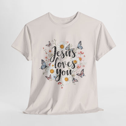 Christian T-Shirt — “Jesus Loves You” Floral Butterfly Tee