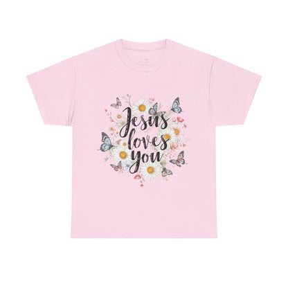 Christian T-Shirt — “Jesus Loves You” Floral Butterfly Tee