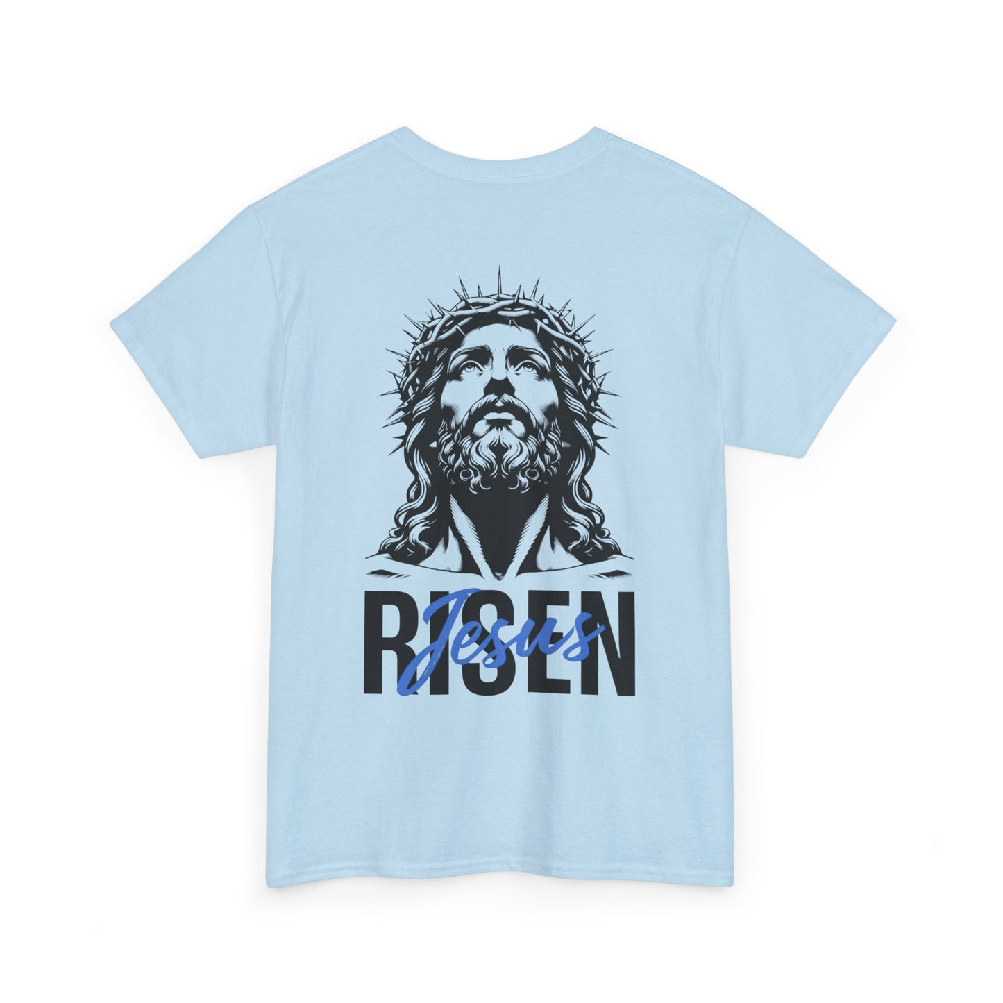 BLUE Risen Jesus Tee — Christian Easter Shirt with Crown of Thorns Design