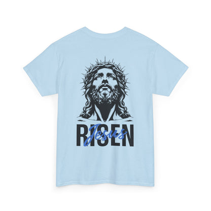 BLUE Risen Jesus Tee — Christian Easter Shirt with Crown of Thorns Design