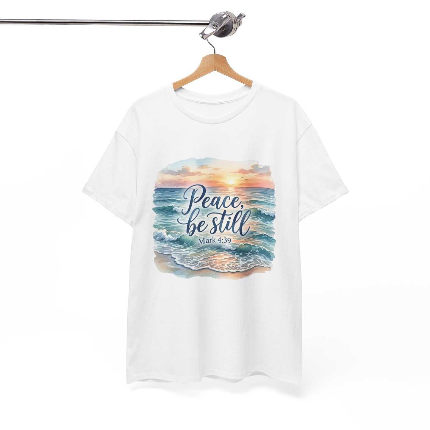 Peace Be Still T-Shirt — Beach Sunset Scripture Tee (Mark 4:39)