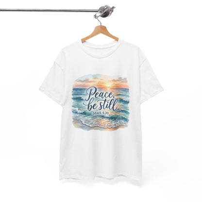 Peace Be Still T-Shirt — Beach Sunset Scripture Tee (Mark 4:39)