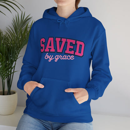 Saved by Grace Hoodie — Christian Faith Pullover in Pink Collegiate Script