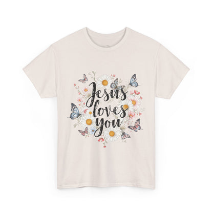 Christian T-Shirt — “Jesus Loves You” Floral Butterfly Tee