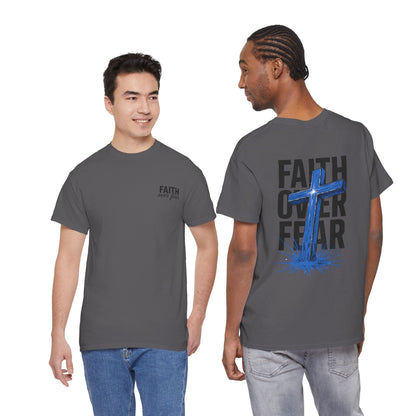 Faith Over Fear T-Shirt — BLUE Christian Cross Inspirational Tee