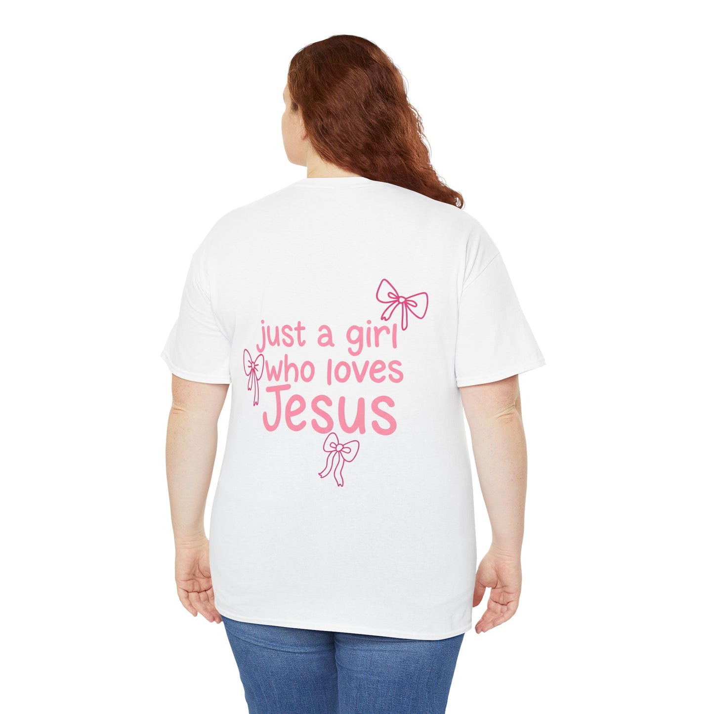 T-Shirt — "Just a Girl Who Loves Jesus" Pink Bow Christian Tee