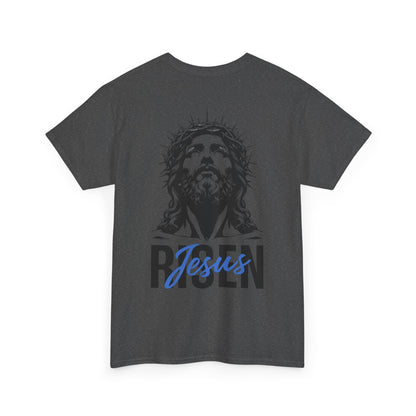 BLUE Risen Jesus Tee — Christian Easter Shirt with Crown of Thorns Design