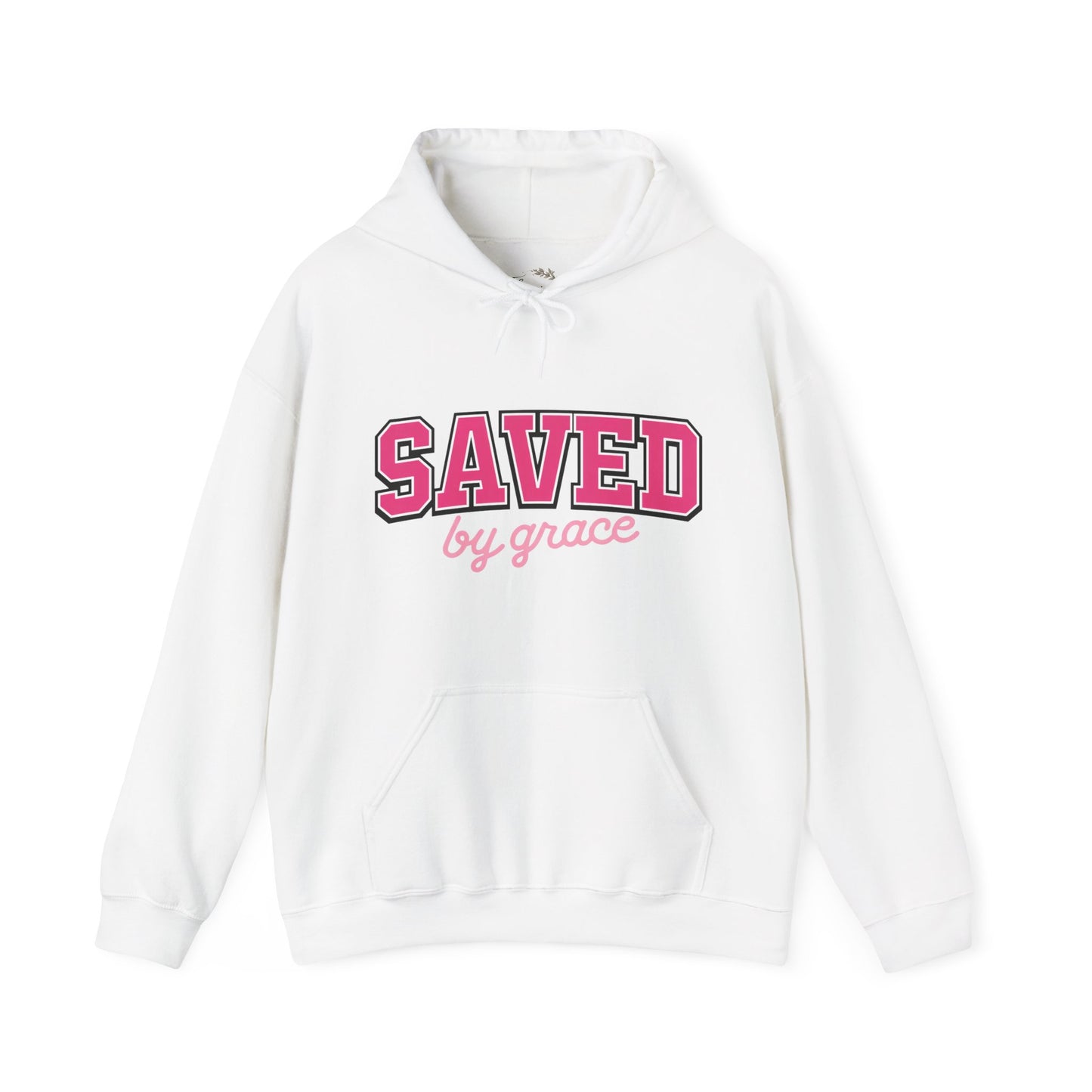 Saved by Grace Hoodie — Christian Faith Pullover in Pink Collegiate Script