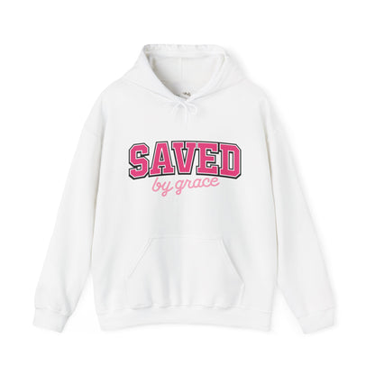 Saved by Grace Hoodie — Christian Faith Pullover in Pink Collegiate Script
